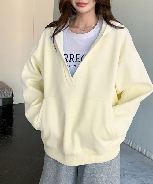 ONEP STAR(ワンピスター)の「フード付きVネックスウェット(パーカー・レディース・ライトイエロー/ローズ/グレー/アッシュグレー/ライトブルー/ライトピンク/ブラック・FREE)」の12枚目の写真