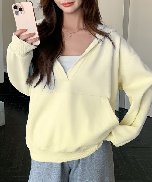 ONEP STAR(ワンピスター)の「フード付きVネックスウェット(パーカー・レディース・ライトイエロー/ローズ/グレー/アッシュグレー/ライトブルー/ライトピンク/ブラック・FREE)」の14枚目の写真