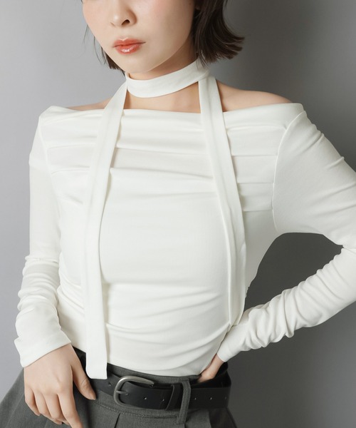 SPINNS(スピンズ)の「【セットアイテム】タイ付き長袖カットソー/ギャザー/ストール付き(Tシャツ/カットソー・レディース・ブラック/ホワイト/チャコール・ONESIZE)」の7枚目の写真