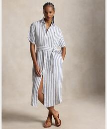 ストライプド リネン ショートスリーブ シャツドレス