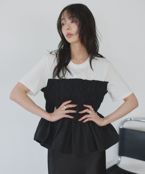 Eclat one(エクラワン)の「【Eclat one】異素材ドッキング シャーリングビスチェライク カットソー(Tシャツ/カットソー・レディース・イエロー/グレー/ホワイト・FREE)」の1枚目の写真