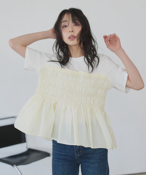 Eclat one(エクラワン)の「【Eclat one】異素材ドッキング シャーリングビスチェライク カットソー(Tシャツ/カットソー・レディース・イエロー/グレー/ホワイト・FREE)」の3枚目の写真