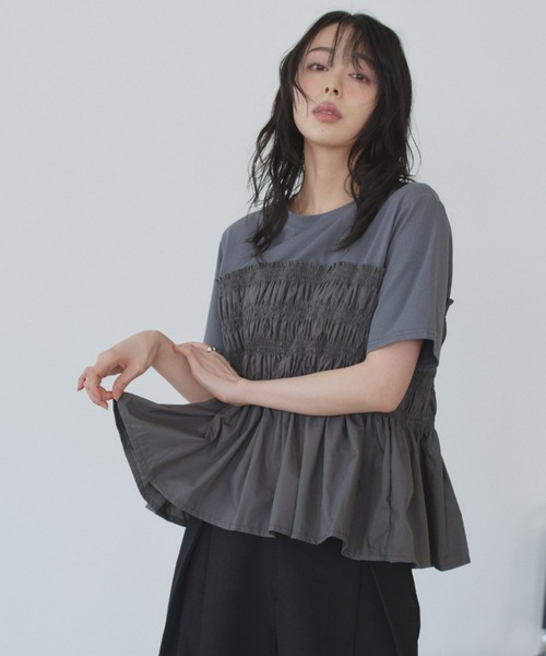 Eclat one(エクラワン)の「【Eclat one】異素材ドッキング シャーリングビスチェライク カットソー(Tシャツ/カットソー・レディース・イエロー/グレー/ホワイト・FREE)」の12枚目の写真