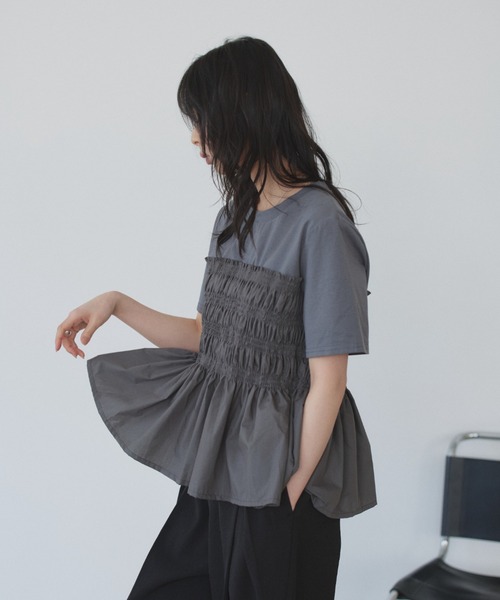 Eclat one(エクラワン)の「【Eclat one】異素材ドッキング シャーリングビスチェライク カットソー(Tシャツ/カットソー・レディース・イエロー/グレー/ホワイト・FREE)」の14枚目の写真