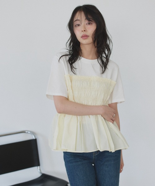 Eclat one(エクラワン)の「【Eclat one】異素材ドッキング シャーリングビスチェライク カットソー(Tシャツ/カットソー・レディース・イエロー/グレー/ホワイト・FREE)」の20枚目の写真