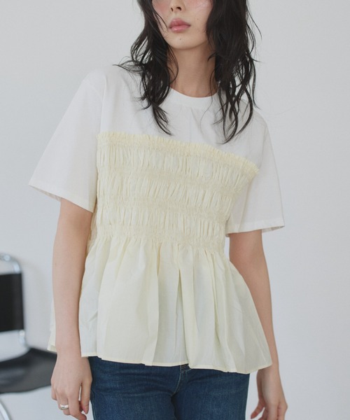 Eclat one(エクラワン)の「【Eclat one】異素材ドッキング シャーリングビスチェライク カットソー(Tシャツ/カットソー・レディース・イエロー/グレー/ホワイト・FREE)」の21枚目の写真