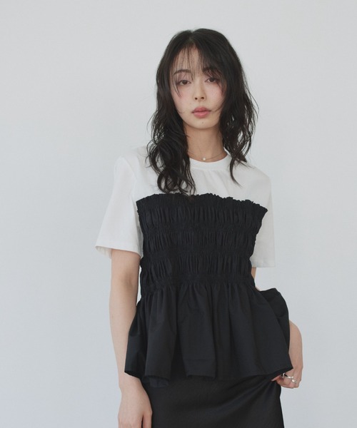 Eclat one(エクラワン)の「【Eclat one】異素材ドッキング シャーリングビスチェライク カットソー(Tシャツ/カットソー・レディース・イエロー/グレー/ホワイト・FREE)」の4枚目の写真