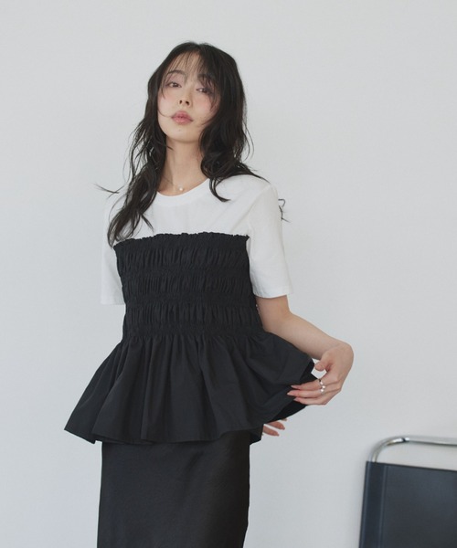 Eclat one(エクラワン)の「【Eclat one】異素材ドッキング シャーリングビスチェライク カットソー(Tシャツ/カットソー・レディース・イエロー/グレー/ホワイト・FREE)」の6枚目の写真
