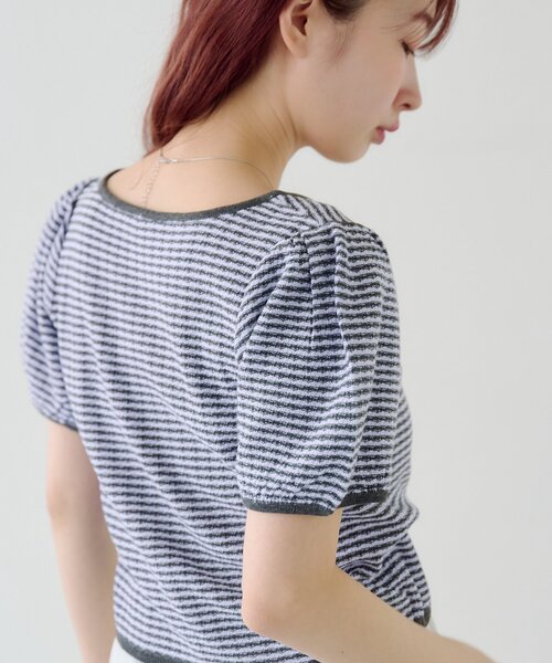 Kastane(カスタネ)の「ボーダーパフ半袖ニット(Tシャツ/カットソー・レディース・ピンク/ブラック/サックスブルー・FREE)」の4枚目の写真