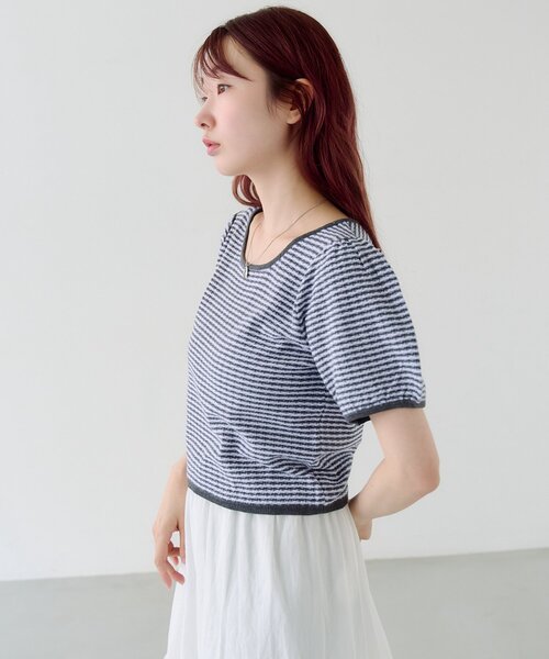 Kastane(カスタネ)の「ボーダーパフ半袖ニット(Tシャツ/カットソー・レディース・ピンク/ブラック/サックスブルー・FREE)」の5枚目の写真