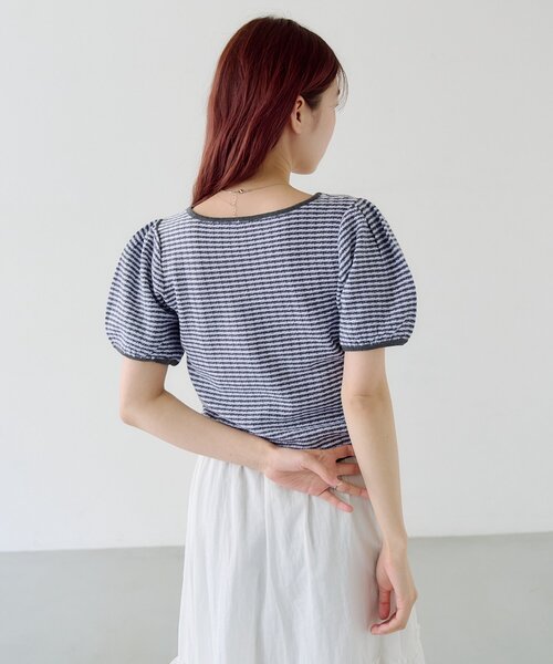 Kastane(カスタネ)の「ボーダーパフ半袖ニット(Tシャツ/カットソー・レディース・ピンク/ブラック/サックスブルー・FREE)」の6枚目の写真