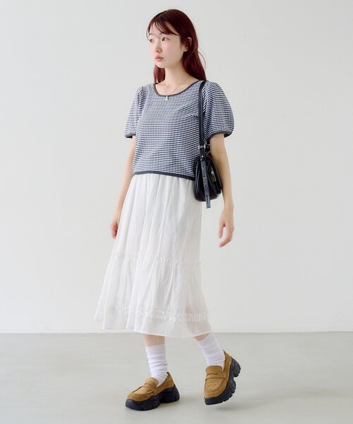 Kastane(カスタネ)の「ボーダーパフ半袖ニット(Tシャツ/カットソー・レディース・ピンク/ブラック/サックスブルー・FREE)」の7枚目の写真