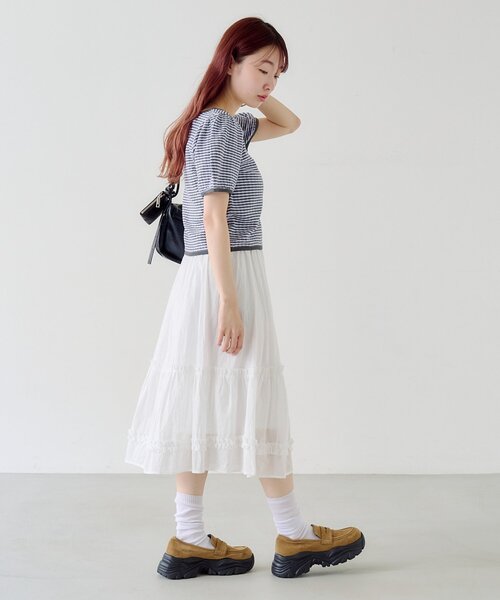 Kastane(カスタネ)の「ボーダーパフ半袖ニット(Tシャツ/カットソー・レディース・ピンク/ブラック/サックスブルー・FREE)」の8枚目の写真