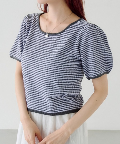 Kastane(カスタネ)の「ボーダーパフ半袖ニット(Tシャツ/カットソー・レディース・ピンク/ブラック/サックスブルー・FREE)」の1枚目の写真