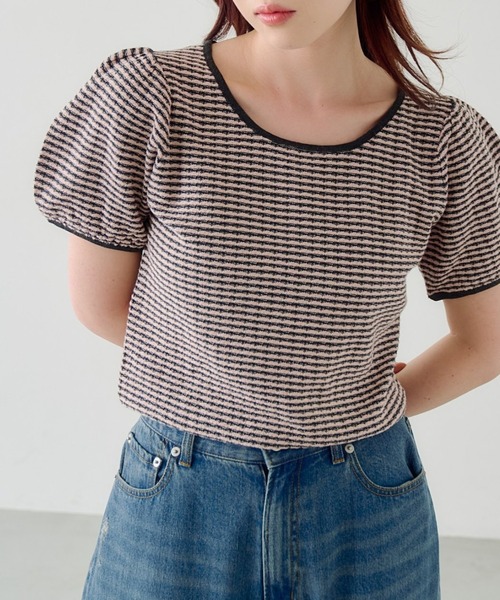 Kastane(カスタネ)の「ボーダーパフ半袖ニット(Tシャツ/カットソー・レディース・ピンク/ブラック/サックスブルー・FREE)」の3枚目の写真