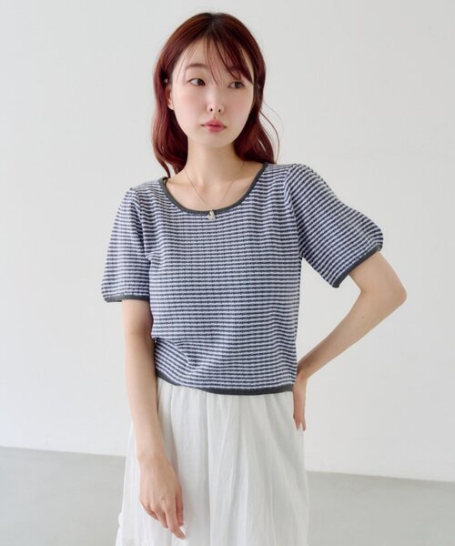 Kastane(カスタネ)の「ボーダーパフ半袖ニット(Tシャツ/カットソー・レディース・ピンク/ブラック/サックスブルー・FREE)」の10枚目の写真