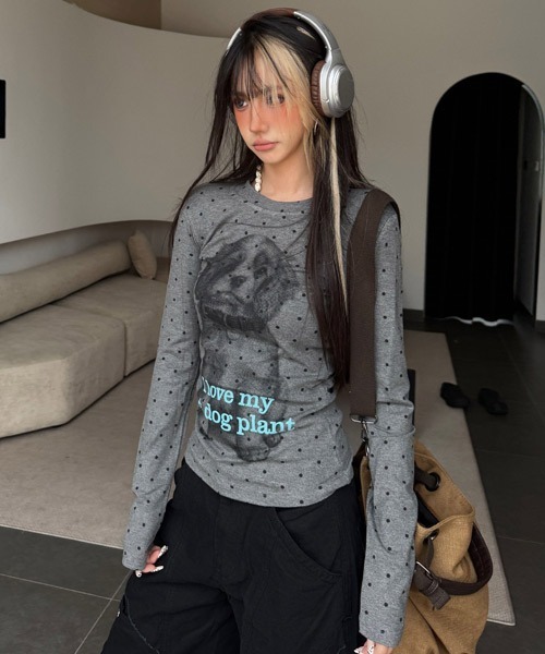 Ressaca（レサーカ）の「DOGプリントドット柄ロンT（Tシャツ/カットソー・レディース・ホワイト/グレー・M）」の4枚目の写真