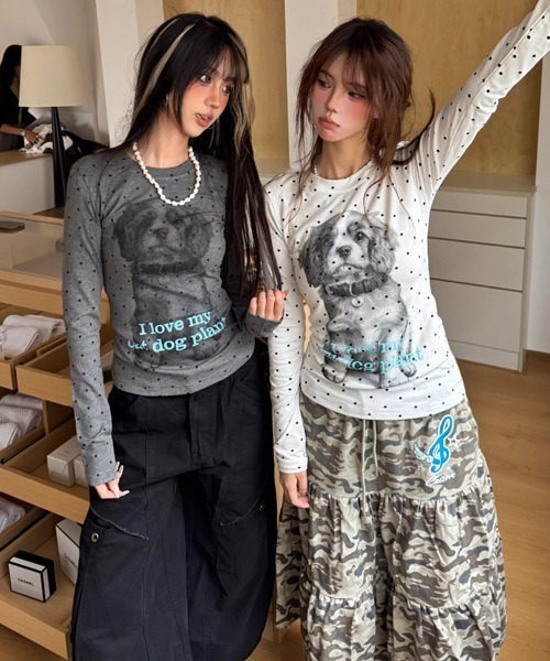 Ressaca（レサーカ）の「DOGプリントドット柄ロンT（Tシャツ/カットソー・レディース・ホワイト/グレー・M）」の3枚目の写真