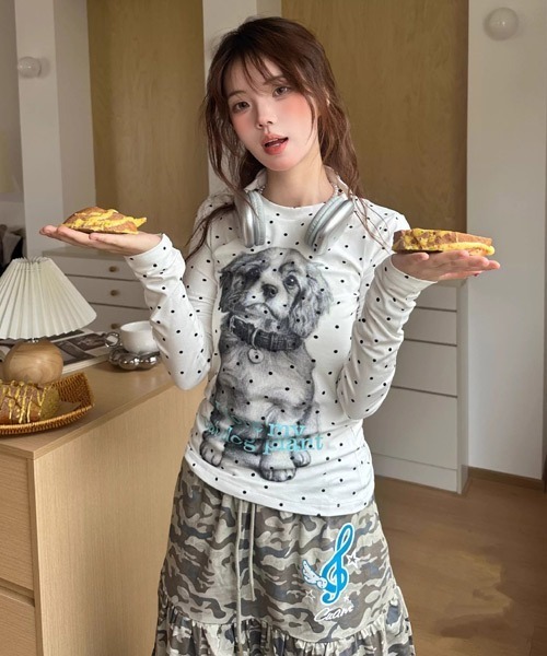 Ressaca（レサーカ）の「DOGプリントドット柄ロンT（Tシャツ/カットソー・レディース・ホワイト/グレー・M）」の7枚目の写真