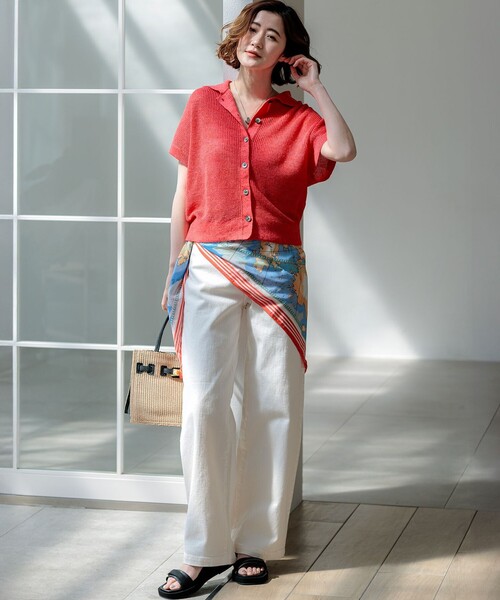 23区 L（ニジュウサンクオオキイサイズ）の「ピュアリネン ハーフスリーブ ポロニット（ニット/セーター・レディース・ベージュ系/オレンジ系/ブルー系・44/46）」の7枚目の写真