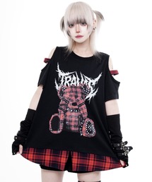 『TRAVAS TOKYO/トラバス トーキョー』チェックレイヤードくまプリントTシャツ