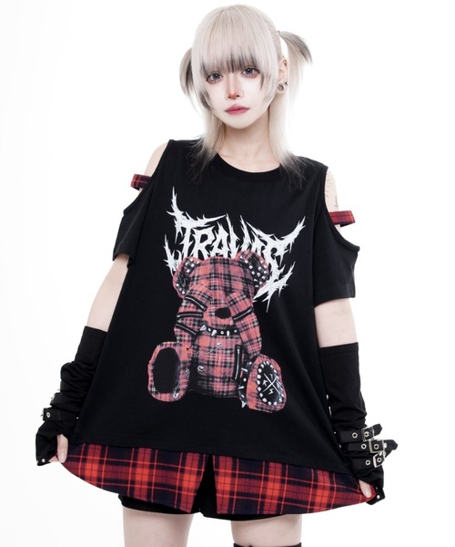 TRAVAS TOKYO（トラバス トウキョウ）の「『TRAVAS TOKYO/トラバス トーキョー』チェックレイヤードくまプリントTシャツ（Tシャツ/カットソー・レディース・ホワイト/ブラック・FREE）」の2枚目の写真