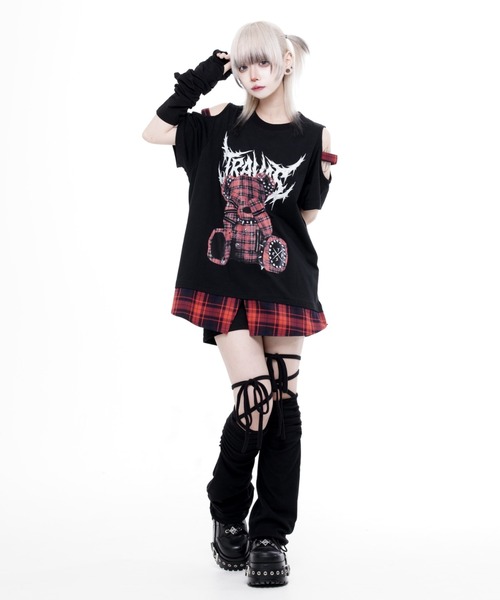 TRAVAS TOKYO（トラバス トウキョウ）の「『TRAVAS TOKYO/トラバス トーキョー』チェックレイヤードくまプリントTシャツ（Tシャツ/カットソー・レディース・ホワイト/ブラック・FREE）」の3枚目の写真
