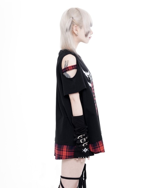 TRAVAS TOKYO（トラバス トウキョウ）の「『TRAVAS TOKYO/トラバス トーキョー』チェックレイヤードくまプリントTシャツ（Tシャツ/カットソー・レディース・ホワイト/ブラック・FREE）」の5枚目の写真