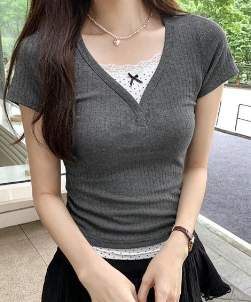 lulufa(ルルファ)の「ドットレイヤードVネックリブTシャツ(Tシャツ/カットソー・レディース・ネイビー/グレー・LARGE/MEDIUM)」の1枚目の写真