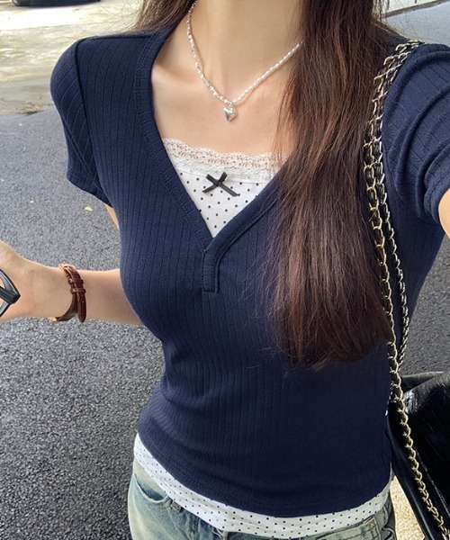 lulufa(ルルファ)の「ドットレイヤードVネックリブTシャツ(Tシャツ/カットソー・レディース・ネイビー/グレー・LARGE/MEDIUM)」の12枚目の写真