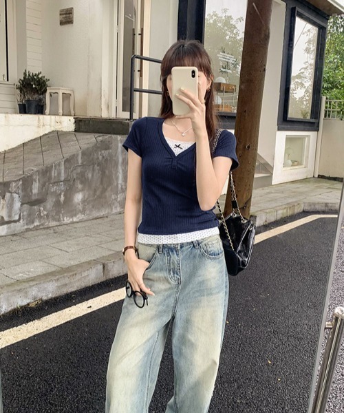 lulufa(ルルファ)の「ドットレイヤードVネックリブTシャツ(Tシャツ/カットソー・レディース・ネイビー/グレー・LARGE/MEDIUM)」の18枚目の写真