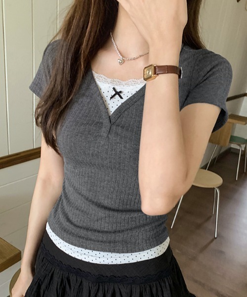 lulufa(ルルファ)の「ドットレイヤードVネックリブTシャツ(Tシャツ/カットソー・レディース・ネイビー/グレー・LARGE/MEDIUM)」の5枚目の写真