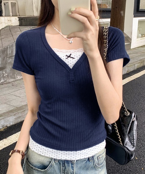 lulufa(ルルファ)の「ドットレイヤードVネックリブTシャツ(Tシャツ/カットソー・レディース・ネイビー/グレー・LARGE/MEDIUM)」の14枚目の写真