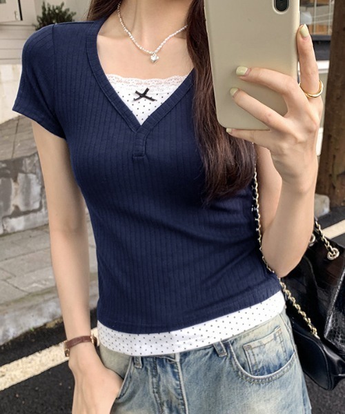 lulufa(ルルファ)の「ドットレイヤードVネックリブTシャツ(Tシャツ/カットソー・レディース・ネイビー/グレー・LARGE/MEDIUM)」の13枚目の写真