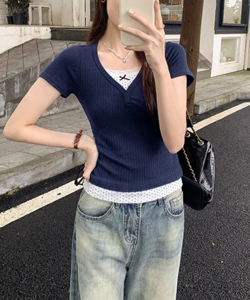 lulufa(ルルファ)の「ドットレイヤードVネックリブTシャツ(Tシャツ/カットソー・レディース・ネイビー/グレー・LARGE/MEDIUM)」の16枚目の写真