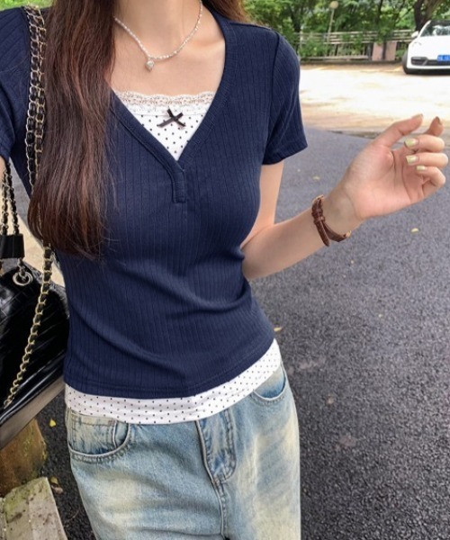 lulufa(ルルファ)の「ドットレイヤードVネックリブTシャツ(Tシャツ/カットソー・レディース・ネイビー/グレー・LARGE/MEDIUM)」の15枚目の写真