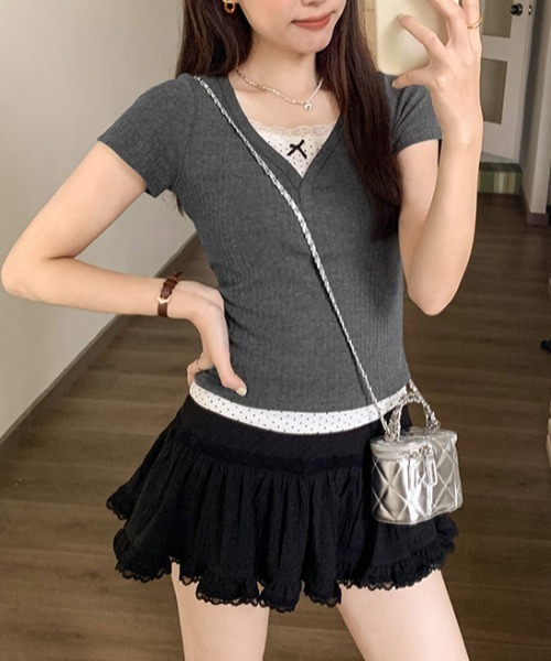 lulufa(ルルファ)の「ドットレイヤードVネックリブTシャツ(Tシャツ/カットソー・レディース・ネイビー/グレー・LARGE/MEDIUM)」の7枚目の写真