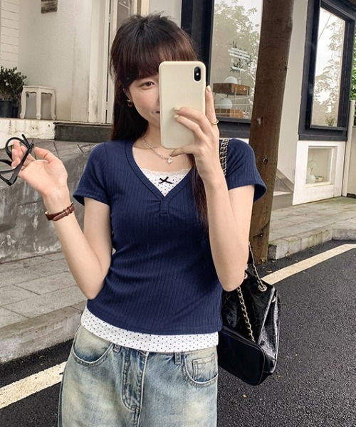 lulufa(ルルファ)の「ドットレイヤードVネックリブTシャツ(Tシャツ/カットソー・レディース・ネイビー/グレー・LARGE/MEDIUM)」の17枚目の写真