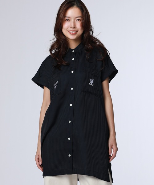 Psycho Bunny（サイコバニー）の「[WOMEN]シースルーストライプ ドロップショルダーシャツワンピース（シャツ/ブラウス・レディース・ネイビー/ホワイト・FREE）」の2枚目の写真