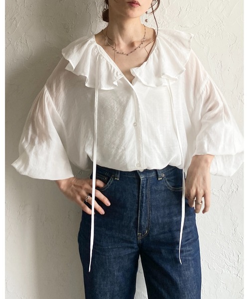 She's Closet(シーズクローゼット)の「長袖 ビッグ襟 Vネック ラッフルカラー シアー フリルブラウス(シャツ/ブラウス・レディース・グレー/ブラック/グレイッシュベージュ/ホワイト・FREE)」の9枚目の写真