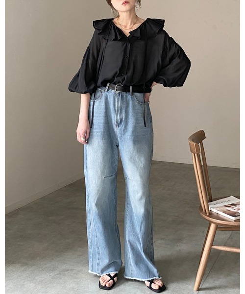 She's Closet(シーズクローゼット)の「長袖 ビッグ襟 Vネック ラッフルカラー シアー フリルブラウス(シャツ/ブラウス・レディース・グレー/ブラック/グレイッシュベージュ/ホワイト・FREE)」の17枚目の写真