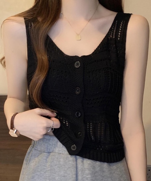Teem Store(チームストア)の「クロシェニットベスト 夏ニット 前ボタンタンクトップ(ベスト・レディース・アイボリー/ブラック/ホワイト/ベージュ・F)」の12枚目の写真