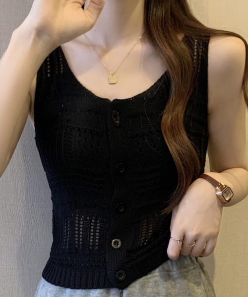 Teem Store(チームストア)の「クロシェニットベスト 夏ニット 前ボタンタンクトップ(ベスト・レディース・アイボリー/ブラック/ホワイト/ベージュ・F)」の19枚目の写真
