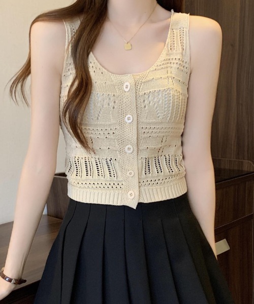 Teem Store(チームストア)の「クロシェニットベスト 夏ニット 前ボタンタンクトップ(ベスト・レディース・アイボリー/ブラック/ホワイト/ベージュ・F)」の17枚目の写真