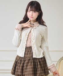 チェック柄 フェイクレイヤード フリル トップス
