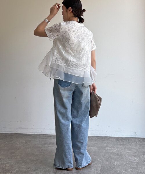 DouDou(ドゥドゥ)の「【WEB限定】レース×オーガンジーフリルプルオーバー(Tシャツ/カットソー・レディース・ブラック/オフホワイト・FREE)」の7枚目の写真