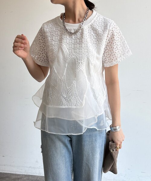 DouDou(ドゥドゥ)の「【WEB限定】レース×オーガンジーフリルプルオーバー(Tシャツ/カットソー・レディース・ブラック/オフホワイト・FREE)」の8枚目の写真