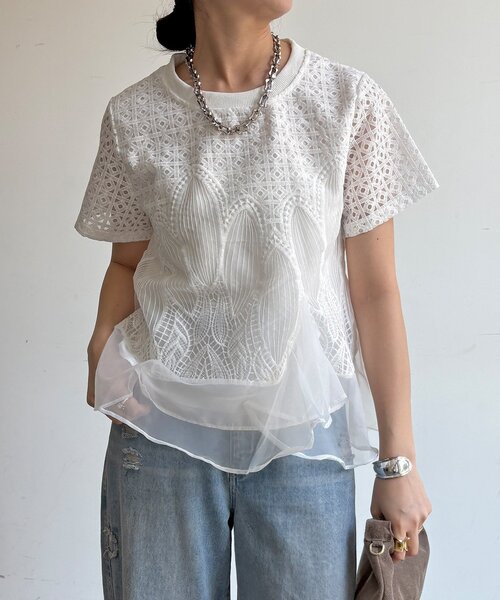 DouDou(ドゥドゥ)の「【WEB限定】レース×オーガンジーフリルプルオーバー(Tシャツ/カットソー・レディース・ブラック/オフホワイト・FREE)」の9枚目の写真