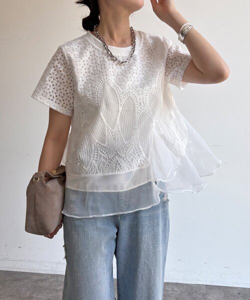 DouDou(ドゥドゥ)の「【WEB限定】レース×オーガンジーフリルプルオーバー(Tシャツ/カットソー・レディース・ブラック/オフホワイト・FREE)」の10枚目の写真