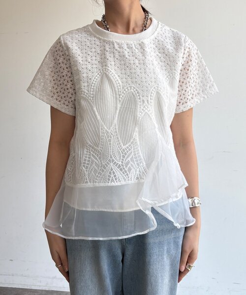 DouDou(ドゥドゥ)の「【WEB限定】レース×オーガンジーフリルプルオーバー(Tシャツ/カットソー・レディース・ブラック/オフホワイト・FREE)」の12枚目の写真